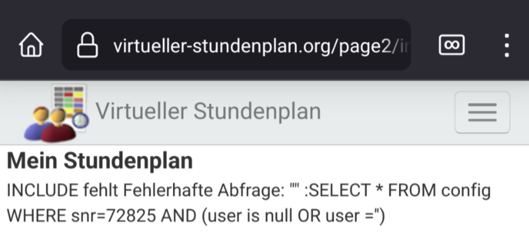 SQL Fehler auf der Startseite des virtuellen Stundenplans.